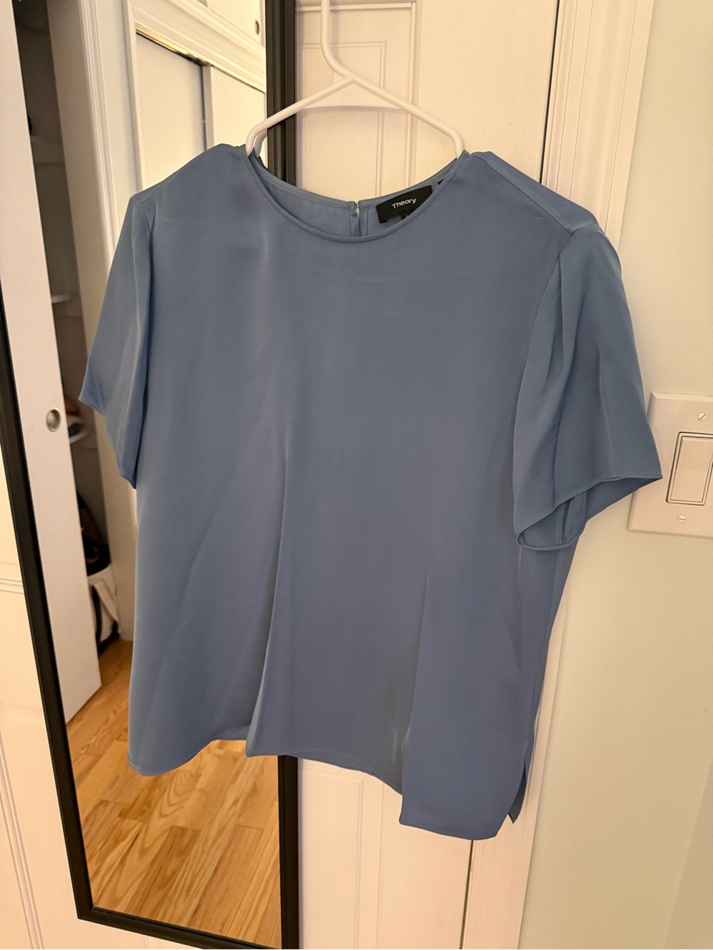 Theory Short-Sleeve Silk Blouse in Dusty Blue